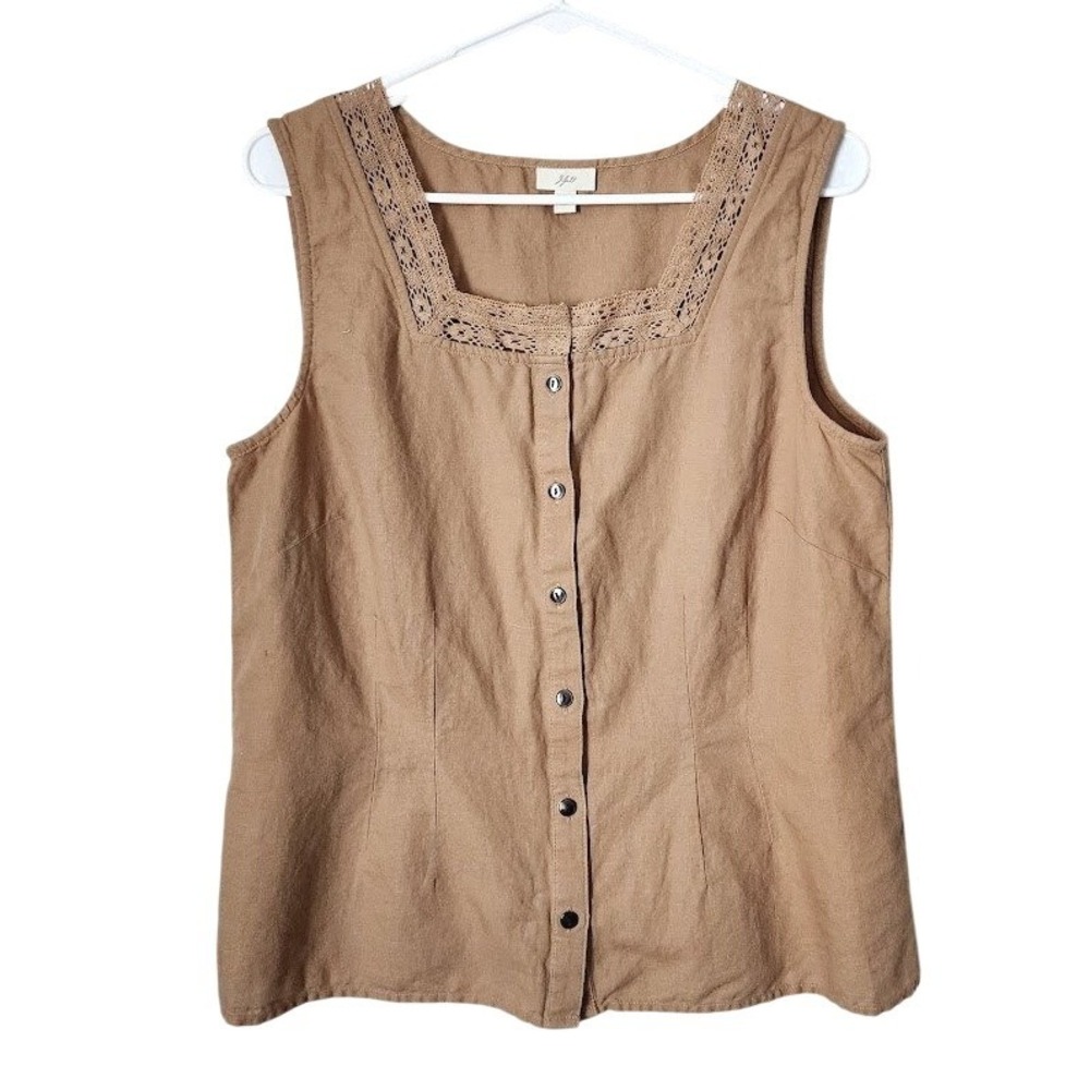 J. JILL linen blend tank top‎ tan button front lace trim minimalist M